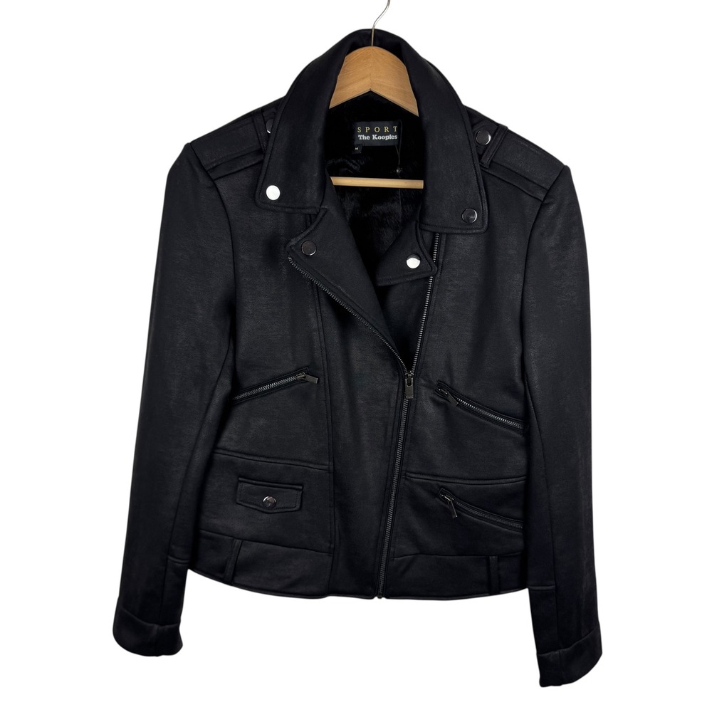 The Kooples Sport Womens Moto Jacket Sz Medium Black Faux Fur Lined‎ Grunge Goth